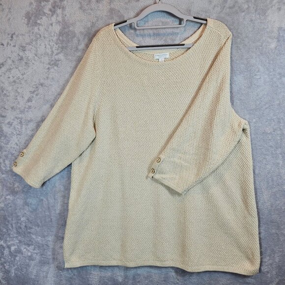 Charter Club Womens 3X Cream gold Texture Knit 3/4 Sleeve Sweater Button Accents - Picture 1 of 9
